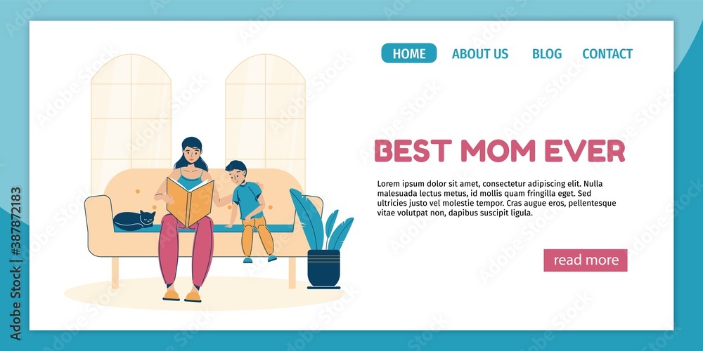Motherhood or family activity landing page design. Loving mother reading fairytale book to adorable son in evening sitting on sofa at home living room. Daily life schedule, everyday routine. Best mom