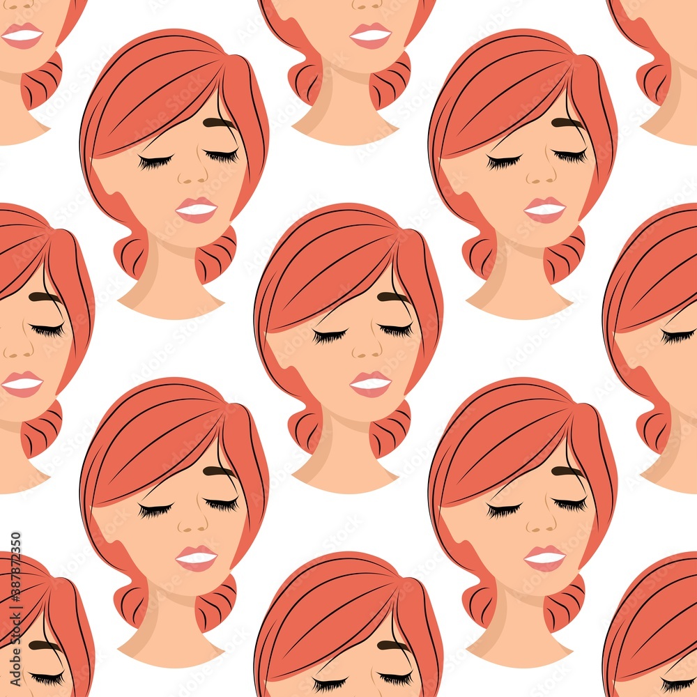 Seamless pattern with an avatar of an adorable girl on a white background. Profile of a young woman in front in a flat style. Joyful relaxed faces of people.
Stock vector illustration for design Seamless pattern with an avatar of an adorable girl on a white background. Profile of a young woman in front in a flat style. Joyful relaxed faces of people.
Stock vector illustration for design
