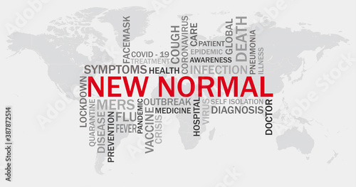 New Normal word cloud with red words and grey word tag on world map background. Abstract concept 2020 Coronavirus disease.