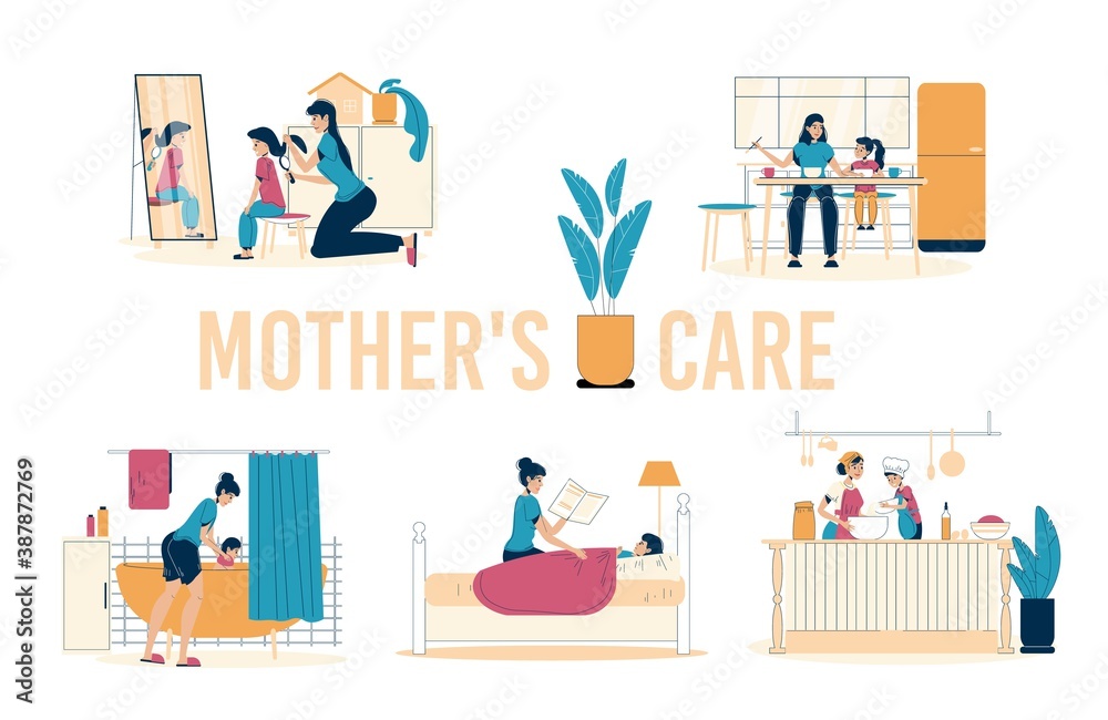 Mother daughter or son care family isolated scene set. Parent child spend time cooking, eating together. Mom doing hair, bathing, reading to kid. Happy motherhood, babysitting. Daily family activity