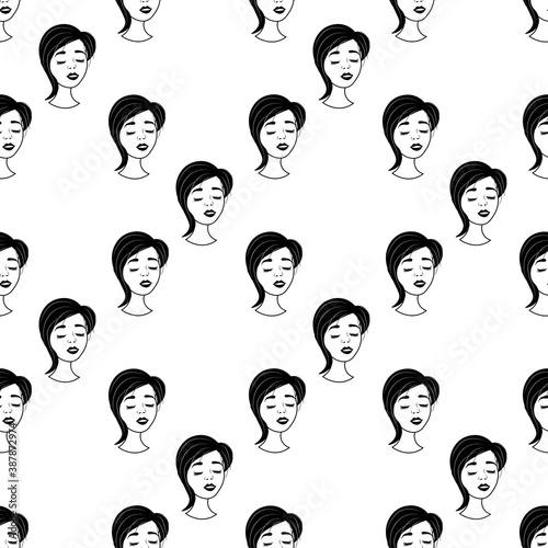 Seamless pattern with outline flawless avatars
girls on a white background. Profile of a young woman in front in a flat style. Joyful relaxed faces of people.
Stock vector illustration for design