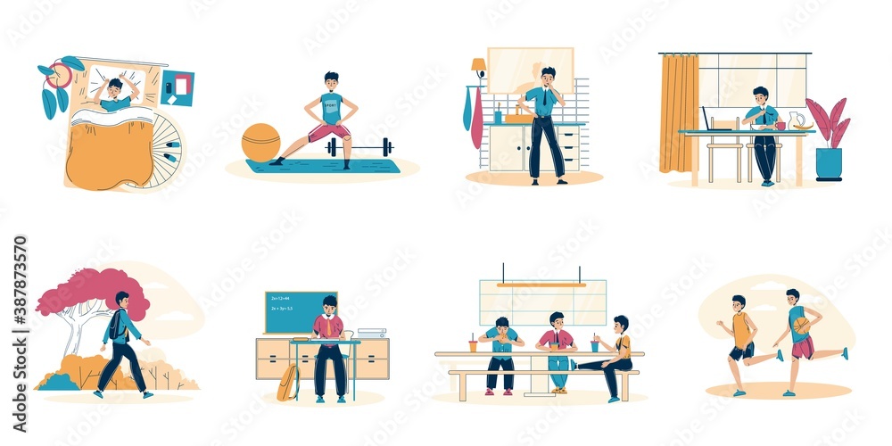 Schoolboy everyday healthy schedule. Good sleeping, active morning workout and evening sport with friends, daily hygiene procedure, proper nutrition on breakfast and dinner. Isolated scene set