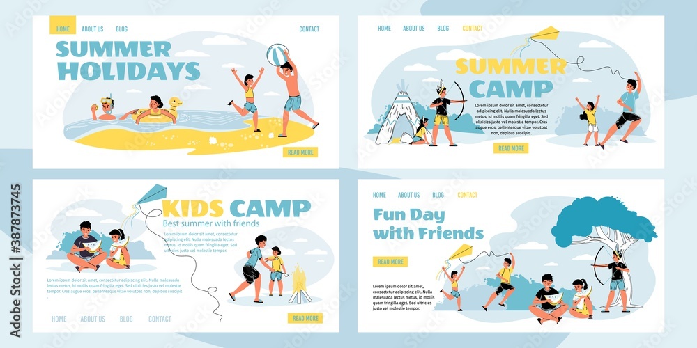 Summer holiday pastime in camp. Overjoyed children character spending time fun day outdoor. Boy girl friend enjoy active healthy recreation in park, on send beach. Happy summertime. Landing page set