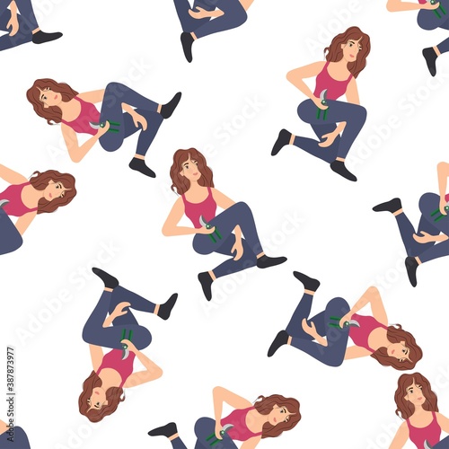 Seamless pattern with a young girl with a pruner in her hands on a white background. Strong man with garden tool in flat style. Cartoon people at work.
Stock vector illustration for design, decor