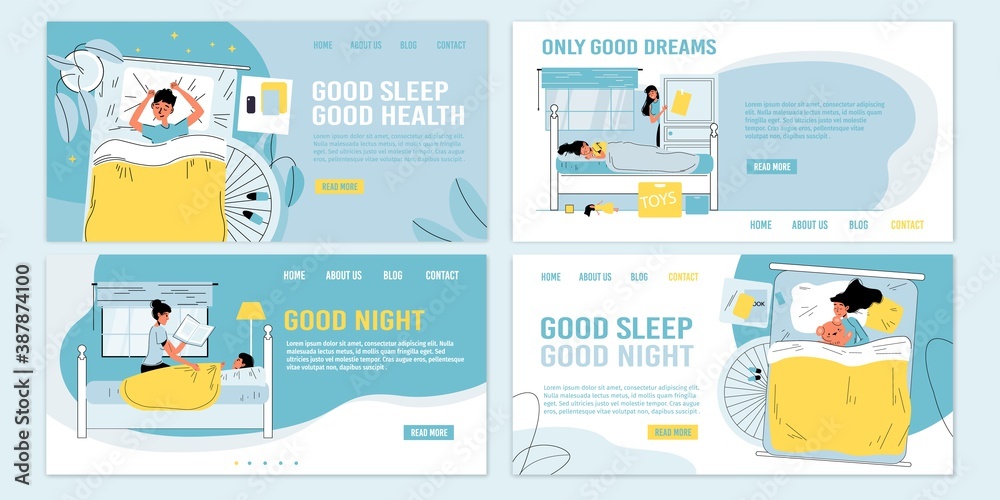 Rules tips recommendation information for children better night sleep. Healthy habits. Kids falling asleep, loving parent controlling baby sweet dream, reading book. Bedtime. Landing page set