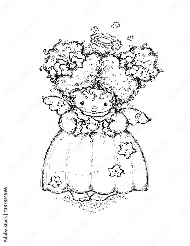 Hand Drawn Little Girl Angel with Mouse Illustration Hand Drawn Little Girl Angel with Mouse Illustration