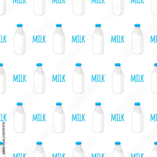 Vector seamless pattern with glass transparent milk bottle isolated on white background