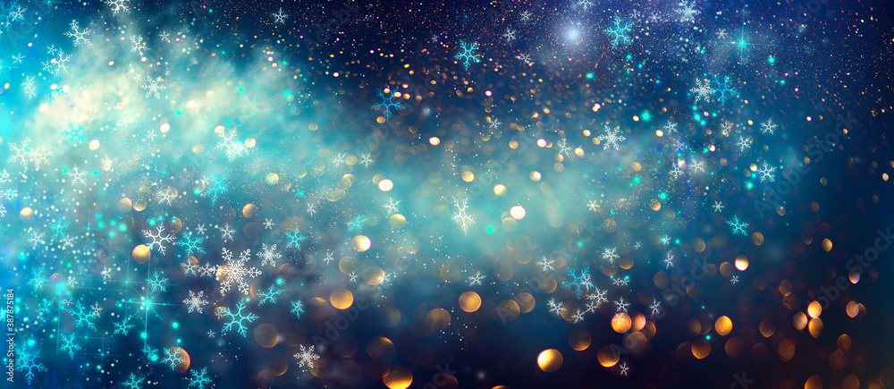 Winter Christmas and New Year background, backdrop with glowing blue stars, snowflakes, holiday garland, magic. Abstract Glitter Blinking sparks - obrazy, fototapety, plakaty 