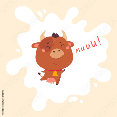 Cow cartoon. Cute farm milk animal character with splashes on the background. Vector funny mascot. Vector Illustration of farm cow for printing on products and packaging containing milk.  photo
