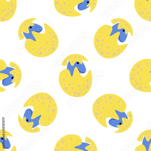Cute baby dinosaur in a yellow egg on a white background. Beautiful predators in a flat style. Cartoon animals for web pages. Stock vector illustration for decor, design, textile baby, wallpaper