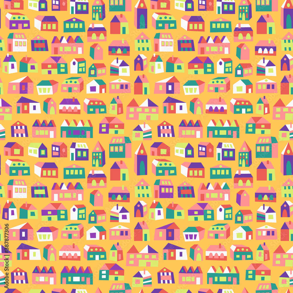 pattern with colorful houses on yellow