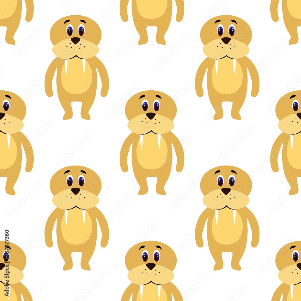 Fototapeta premium Cute walrus on a white background. Wild beautiful animals in flat style. Cartoon mammals for web pages. Stock vector illustration for decor, design, baby textiles and wallpaper
