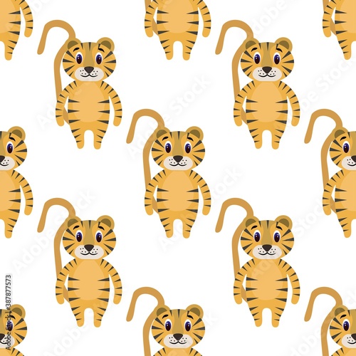 
Cute tiger on a white background. Wild animals safari in flat style. Cartoon mammals for web pages.
Stock vector illustration for decor, design, baby textiles and
wallpaper