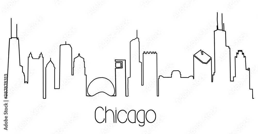 Chicago skyline line drawing. Simplified drawing includes all the famous landmarks and towers. With city name.