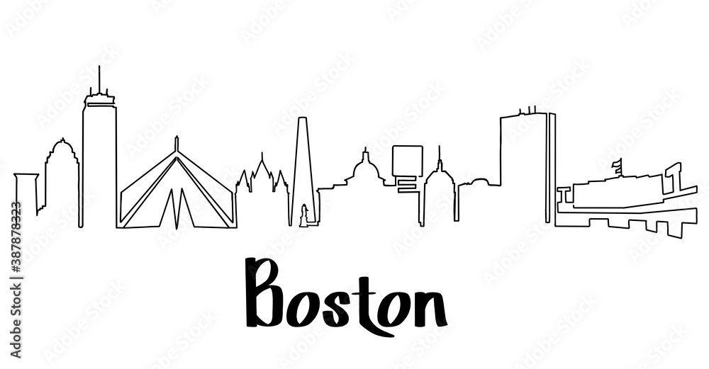 Boston skyline line drawing. Simplified drawing includes all the famous landmarks and towers. With city name.