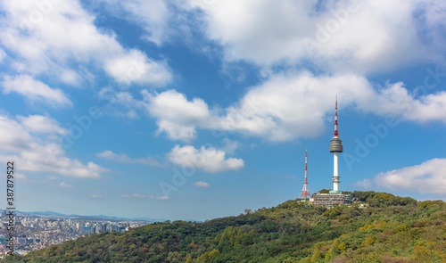 Seoul City Skyline and Seoul Tower with Clouds and blue sky Seoul South Korea .