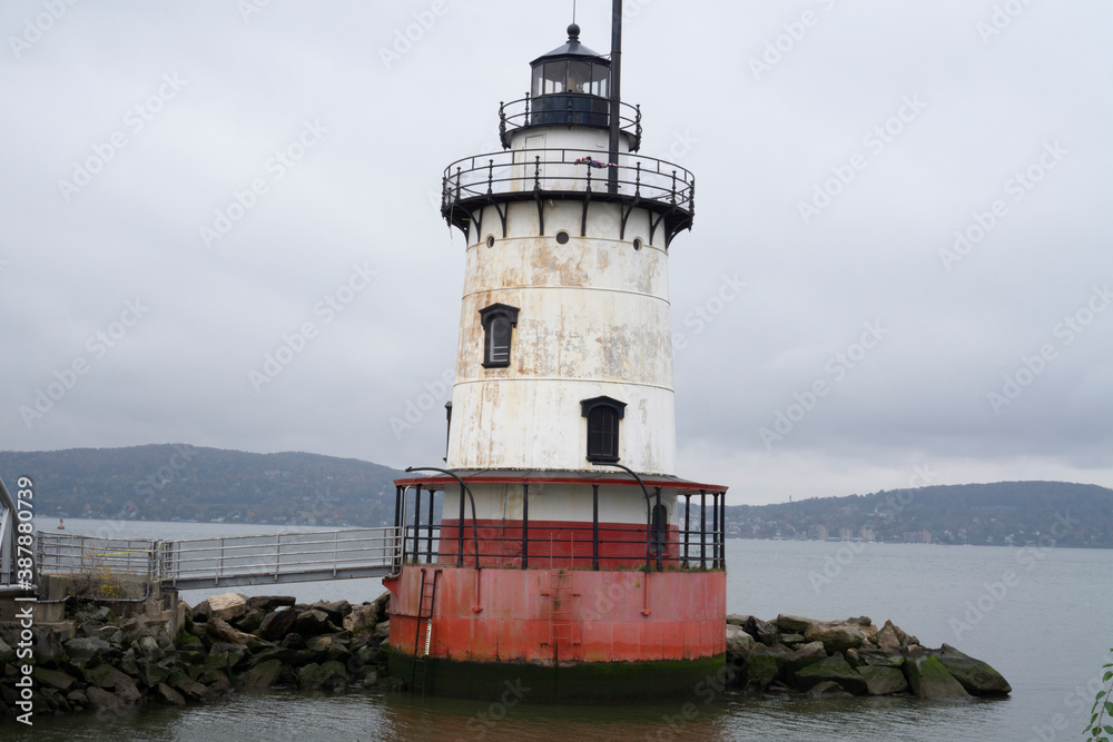 View of Sleepy Hollow lighthouse in Tarrytown over Hudson River on a cloudy day