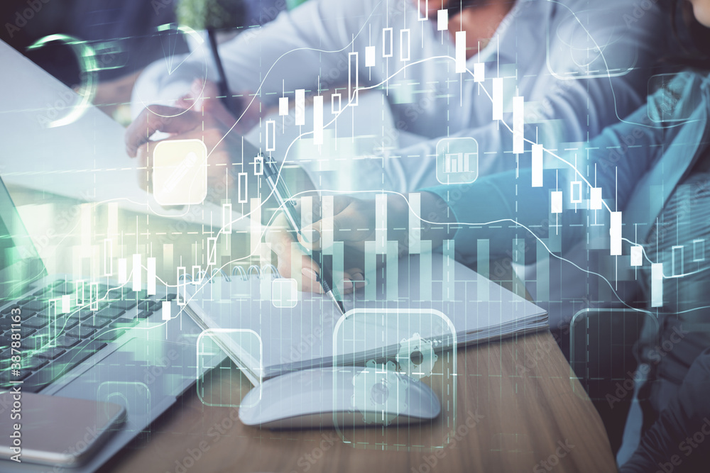Double exposure of forex chart drawing over people taking notes background. Concept of financial analysis Double exposure of forex chart drawing over people taking notes background. Concept of financial analysis