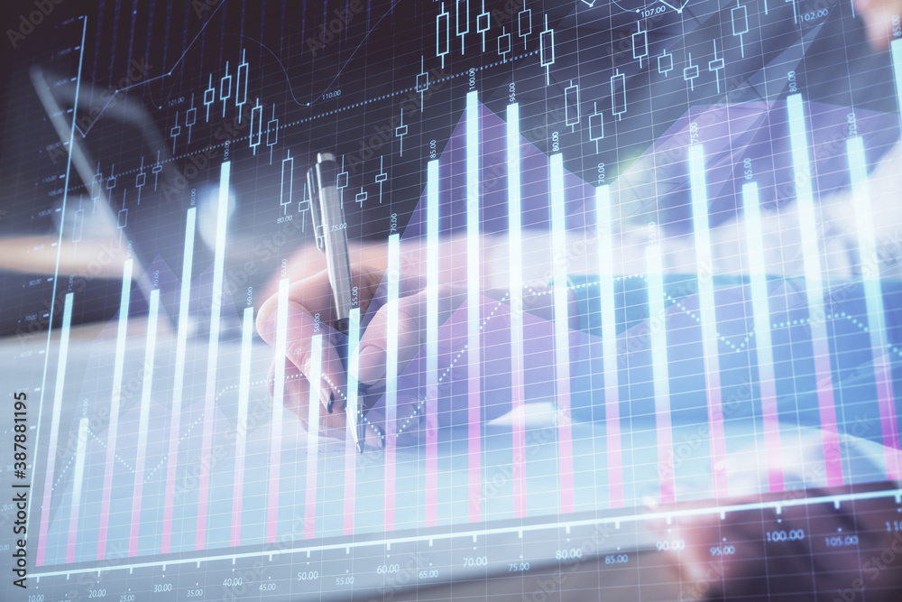 Double exposure of forex chart drawing over people taking notes background. Concept of financial analysis Double exposure of forex chart drawing over people taking notes background. Concept of financial analysis
