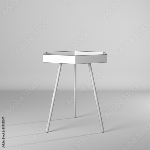 Modelo 3d de mesa geomtrica en estilo wire-frame/estructura alambrica, material blanco con lineas negras photo