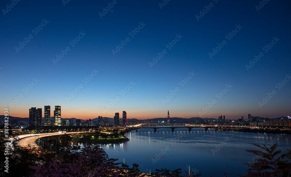 Seoul City at Sunrise and han river South Korea