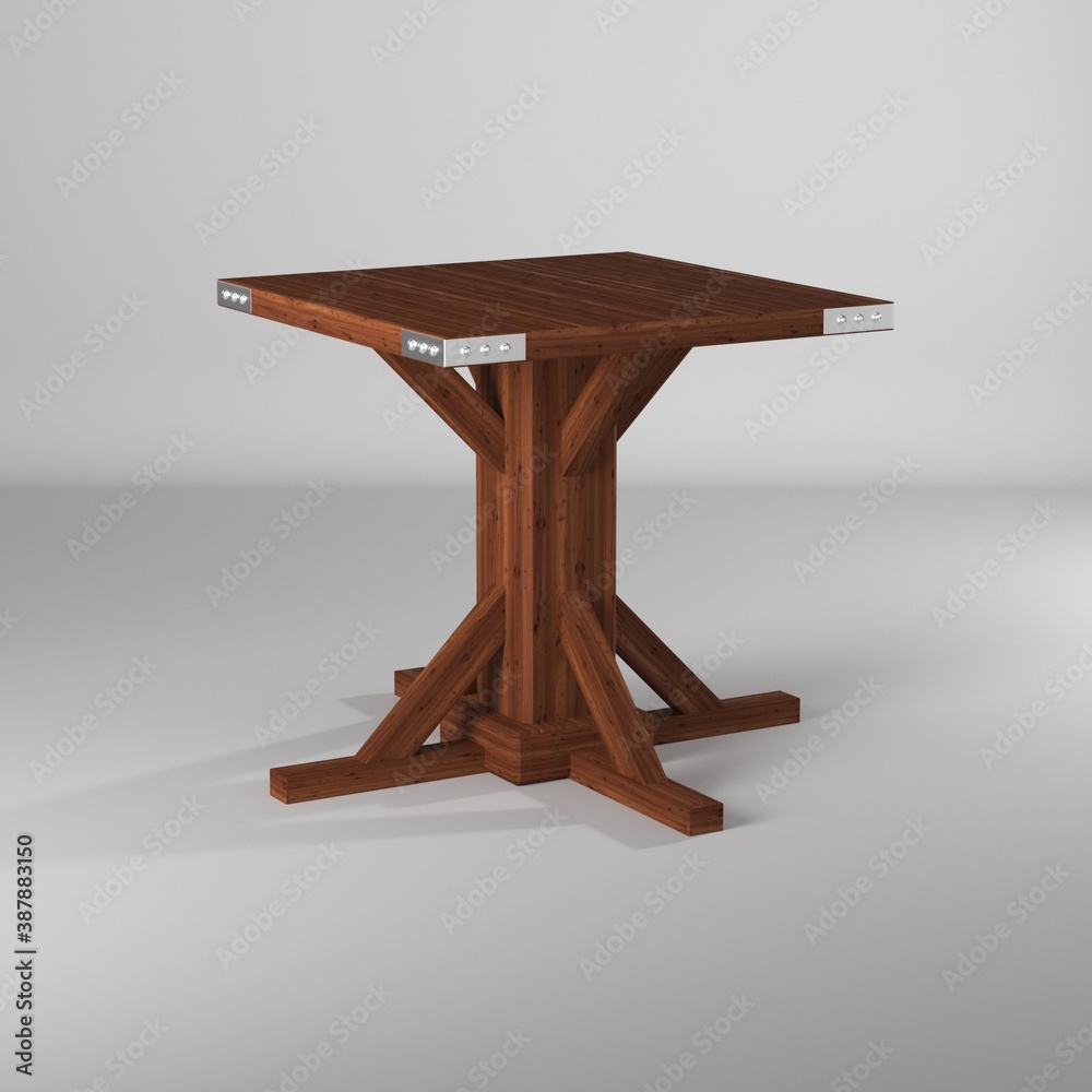 Modelo 3d/render/ilustración de una mesa vintage de madera con bordes metalicos de protección Modelo 3d/render/ilustración de una mesa vintage de madera con bordes metalicos de protección