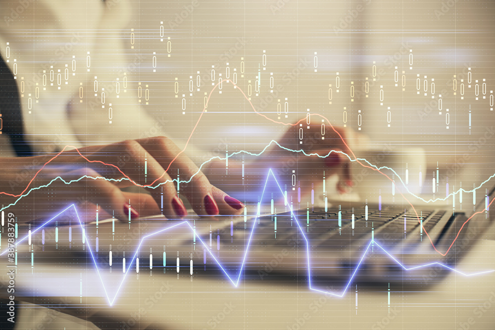 Multi exposure of woman hands typing on computer and financial graph hologram drawing. Stock market analysis concept. Multi exposure of woman hands typing on computer and financial graph hologram drawing. Stock market analysis concept.