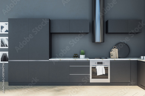 Modern black kitchen studio interor.