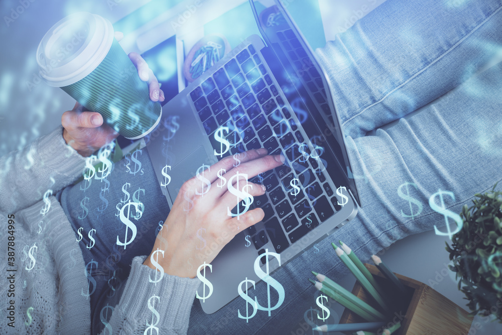 Double exposure of woman hands typing on computer and forex chart hologram drawing. Stock market invest concept. Double exposure of woman hands typing on computer and forex chart hologram drawing. Stock market invest concept.