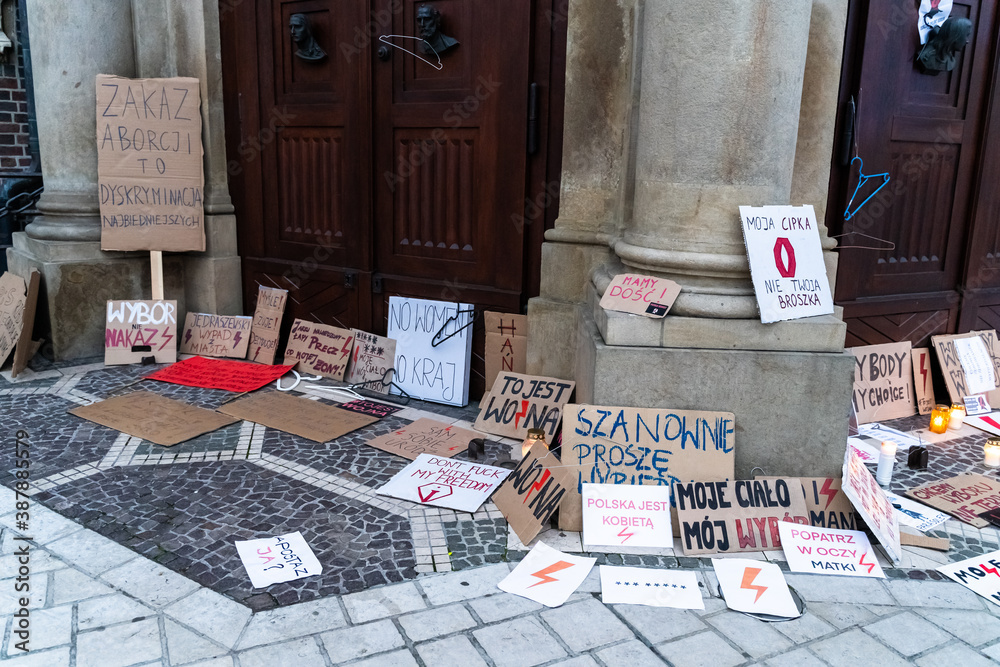 Krakow, Poland - October 25, 2020: Banners with message in order to protest against a legislative proposal for a total ban of abortion in the main city center