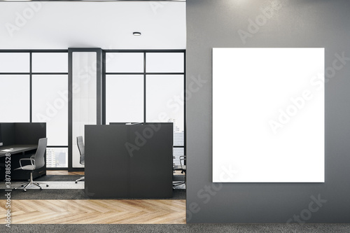Clean office interior with blank billboard on wall.