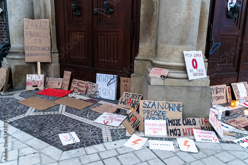 Krakow, Poland - October 25, 2020: Banners with message in order to protest against a legislative proposal for a total ban of abortion in the main city center photo