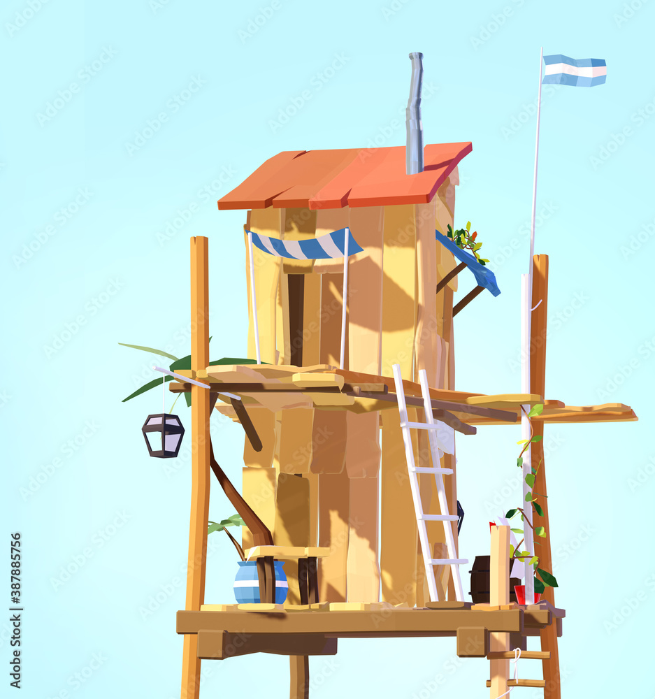 3D render of Sea shack at corall reef, travel and holiday concept low polly illustration.