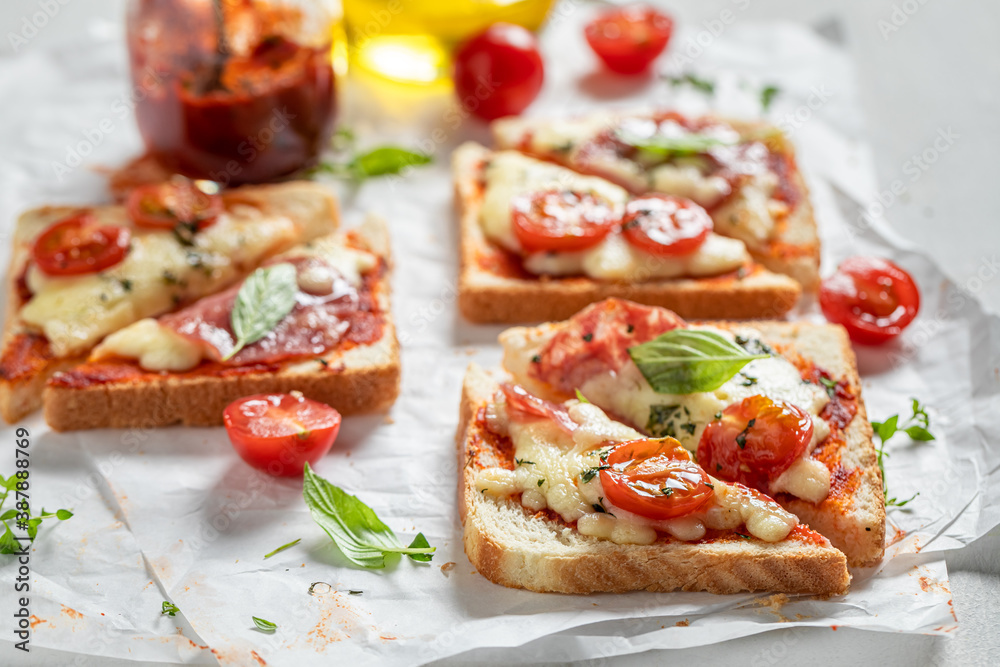 Tasty Toast with cheese, salami and basil