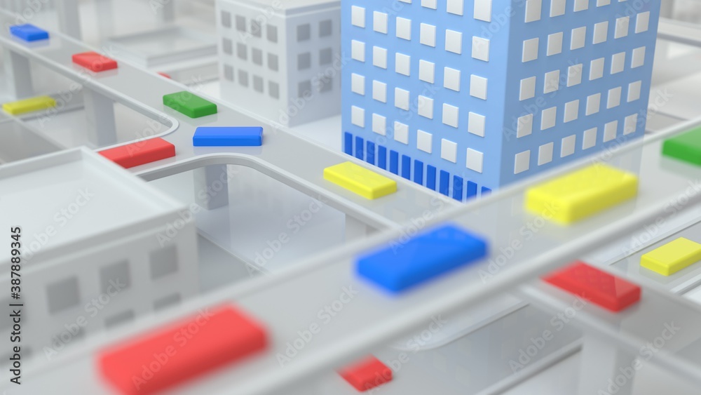 Traffic of multicolored primitive box cars of the abstract city in the daytime. The concept of urban life, traffic jams, metropolis, urbanism. Isometric city view. Shallow depth of field. 3d rendering
