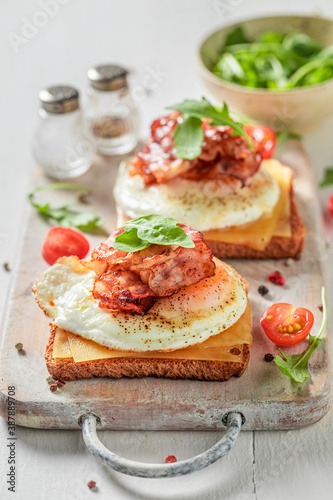 Unhealthy toast with egg, bacon and cheese