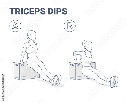 Triceps Dips Female Home Workout Exercise Blakc and White Guide Illustration.