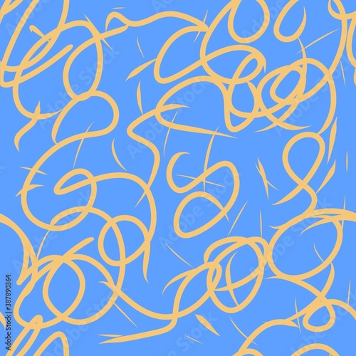 Yellow curved lines on a light blue background. Seamless pattern. Abstract background.