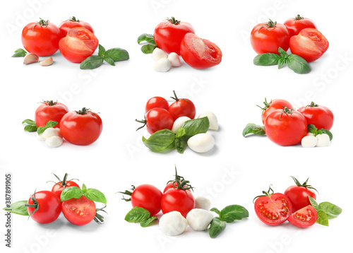 Set of ripe red tomatoes, mozzarella balls, garlic and green basil leaves on white background
