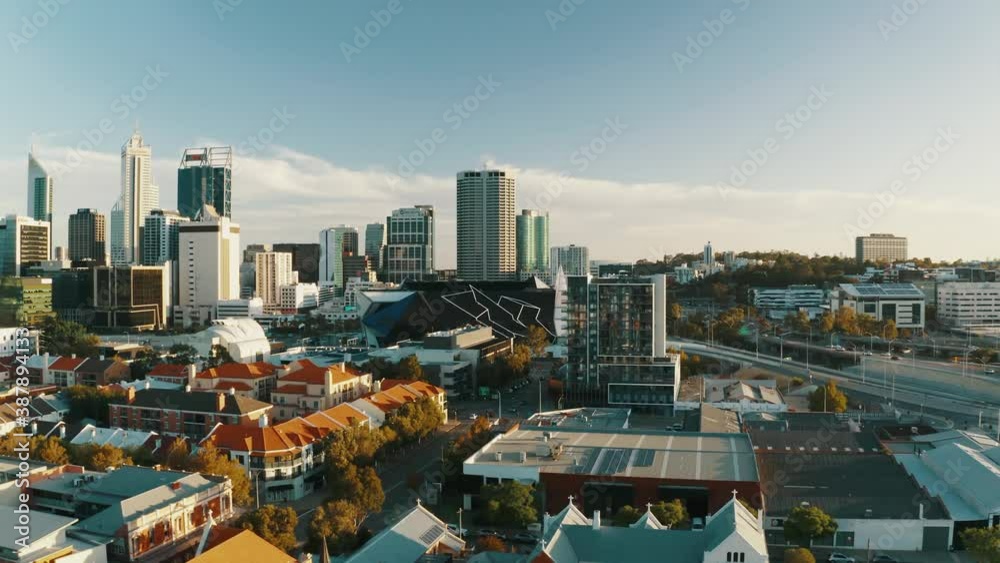 Perth City aerial drone footage taken during covid-19 pandemic. peak hour traffic going through the city.