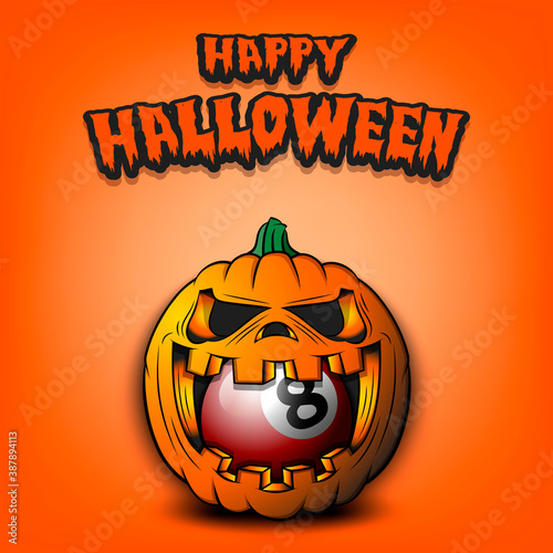 Happy Halloween. Billiard ball inside frightening pumpkin. The pumpkin swallowed the ball with burning eyes. Design template for banner, poster, greeting card, party invitation. Vector illustration