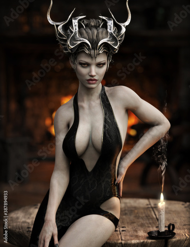 Portrait of a powerful fantasy female Halloween witch with black hair metal headdress crown and silky viper snake pattern dress posing with a roaring fireplace. 3d rendering . Fantasy illustration