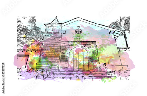 Building view with landmark of Cali is a Colombian city in the Valle del Cauca department. Watercolor splash with hand drawn sketch illustration in vector.