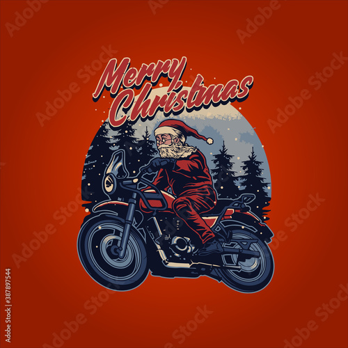 Vintage Santa Claus riding a motorcycle merry christmas illustrations for your work merchandise clothing line, stickers and poster, greeting cards advertising business company or brands