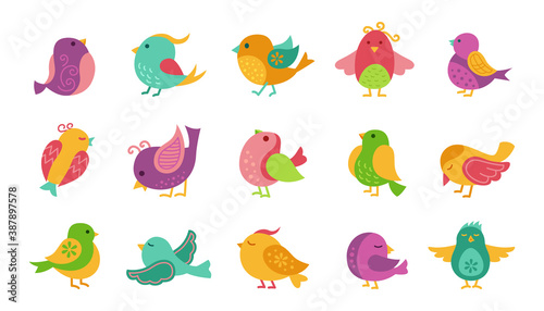 Bird with patterns  cartoon set. Colorful little cute birds  different poses  flying. Hand drawn flat abstract icon happy character. Modern trendy vector illustration