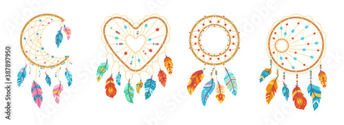 Boho dreamcatcher with feathers cartoon set. Colorful bird feathers, talisman sweet dream hand drawn. Native American indian design. Ethnic bohemian style, hipster symbols. Vector illustration