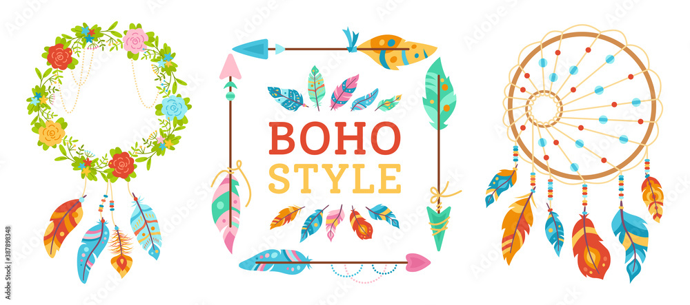 Boho style design element set. Square arrow frame for text. Dreamcatcher, feathers, floral wreath. Colorful ethnic talisman collection. Bohemian style, indian, hipster, tribal symbol american vector