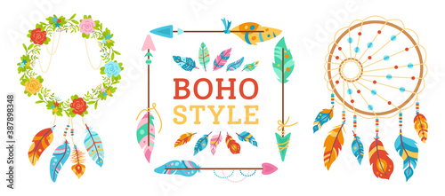 Boho style design element set. Square arrow frame for text. Dreamcatcher, feathers, floral wreath. Colorful ethnic talisman collection. Bohemian style, indian, hipster, tribal symbol american vector