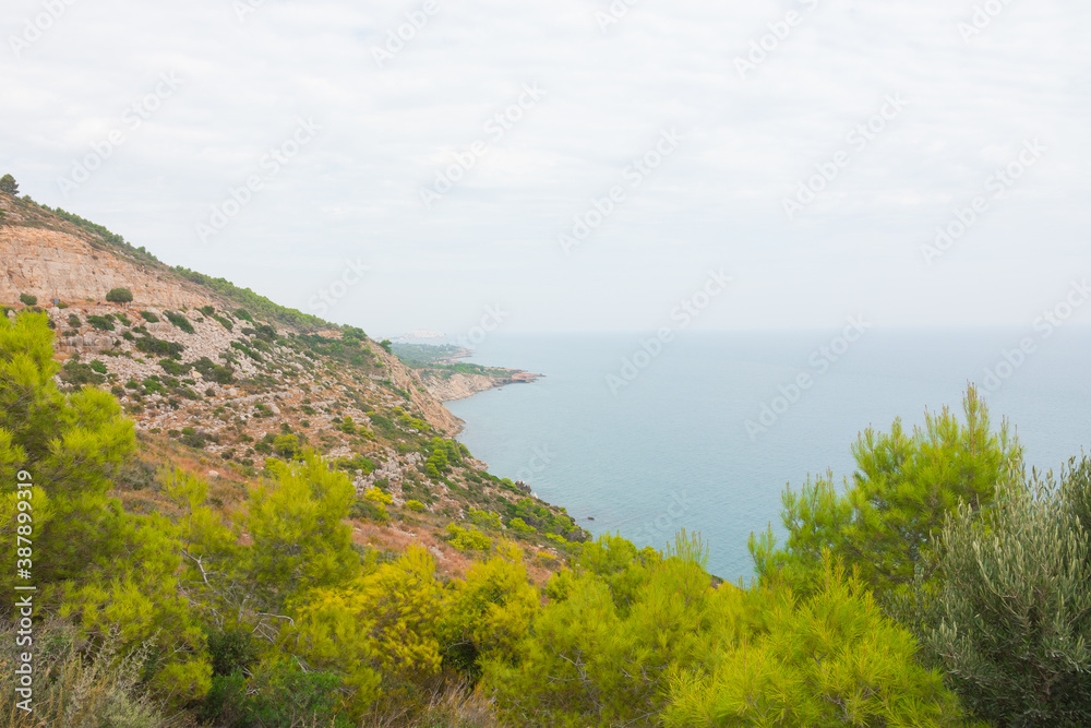 Serra d'Irta natural park, Costa del Azahar, Spain. Beautiful protected area, contrasted by mountains, cliffs and the mediterranean sea. Located between Alcossebre and Peniscola. Accessible by car 