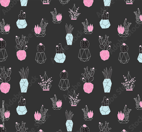 trendy succulent cactus terrarium pattern abstract seamless pattern template in pink and blue on a black background